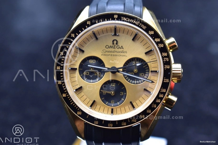 HighQuality RMF Edition in Moonshine Best Strap YG Dial Gold Black Rubber Moonwatch Speedmaster 456 on YG Manual Chrono 0216